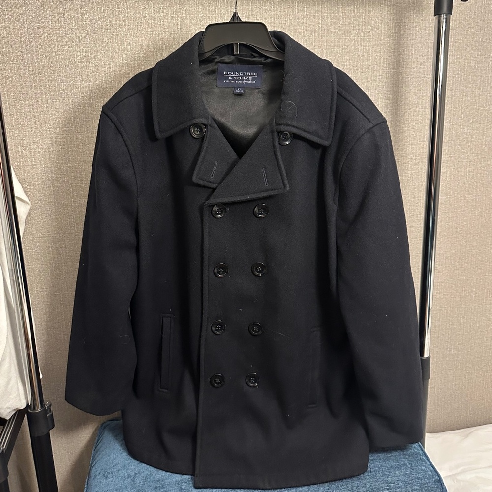 Kenneth Cole men double breasted wool peacoat with attached rib knit lib